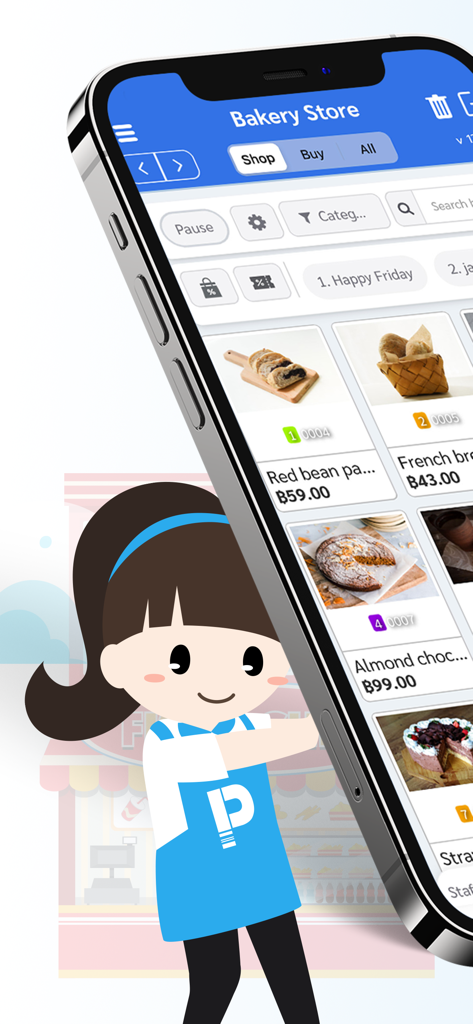 パン屋のPOSインターフェース、商品と価格を表示するPOSPOSのモバイル画面