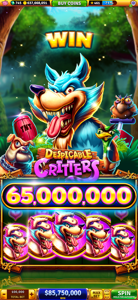 House of Fun: Casino Slots - Schermata di grande vincita sulla slot machine Despicable Critters nell'app House of Fun