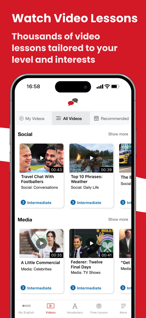 EnglishCentral - Learn English - EnglishCentralアプリのインターフェース、英語学習のための様々なビデオレッスンを表示