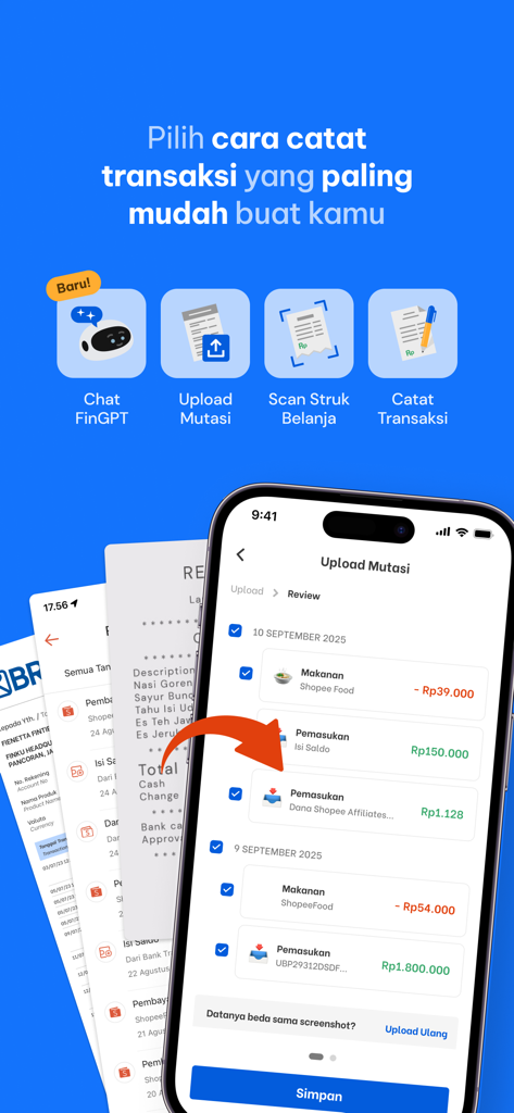 Finku: Budget & Money Manager - Finku app screen showing various transaction entry methods like AI assistant and receipt scanning