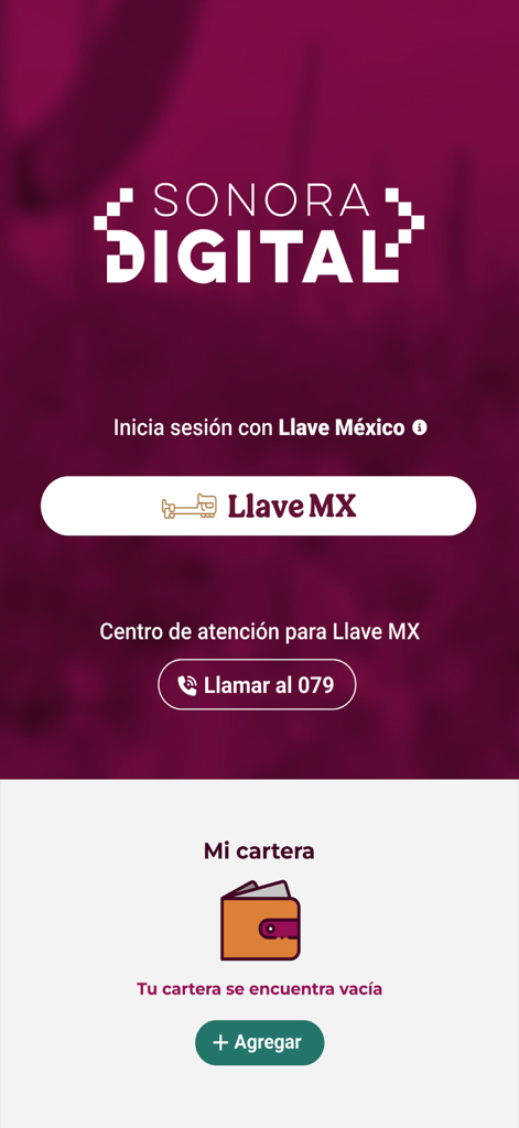 Sonora Digital - Sonora Digital app login screen with Llave MX button and empty digital wallet section.