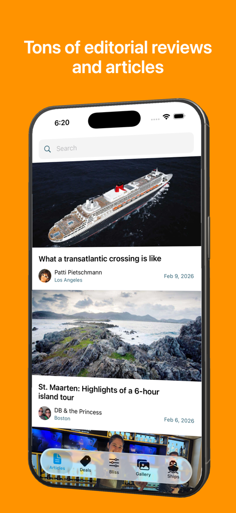 Cruiseable: Cruise Ship Finder - iPhone画面に、クルーズブルアプリのエディトリアルレビューと旅行記事が表示されています。