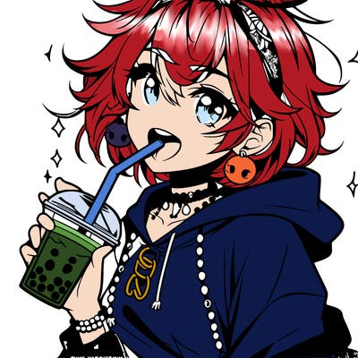 hot baddie anime girl drinking boba and biting the straw