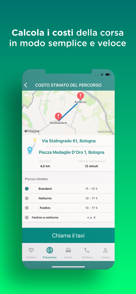 BTaxi - Interfaccia dell'app BTaxi che mostra i costi stimati della corsa e il percorso su una mappa a Bologna, Italia