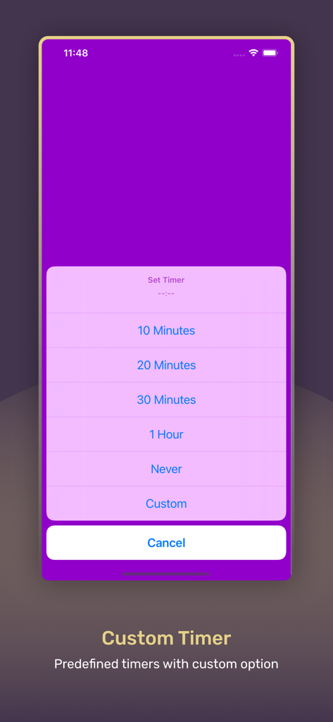 Screen Light Table Lamp - Interfaz de la aplicación Lámpara de Mesa de Luz de Pantalla que muestra las opciones de temporizador personalizado sobre un fondo púrpura