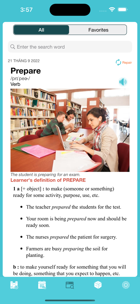 Daily English word definition for Prepare with pronunciation and example sentences