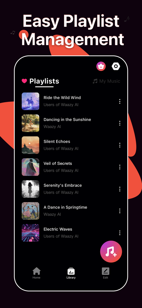 AI Music Generator, Song—Waazy - Interfaz de la aplicación móvil Waazy que muestra la pantalla de listas de reproducción con una lista de canciones generadas por IA.