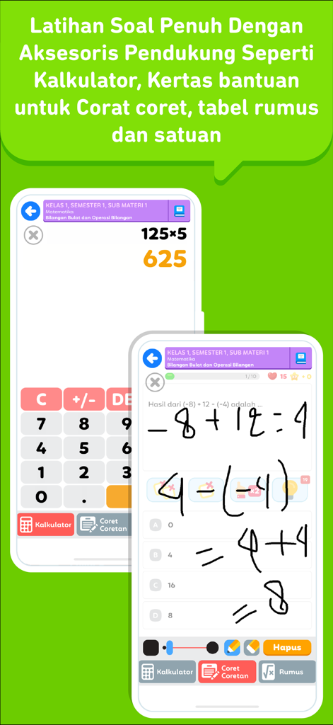 Soal Ujian SMP + TKA - Mobile app interface showing a calculator and a digital scratchpad for solving math equations.