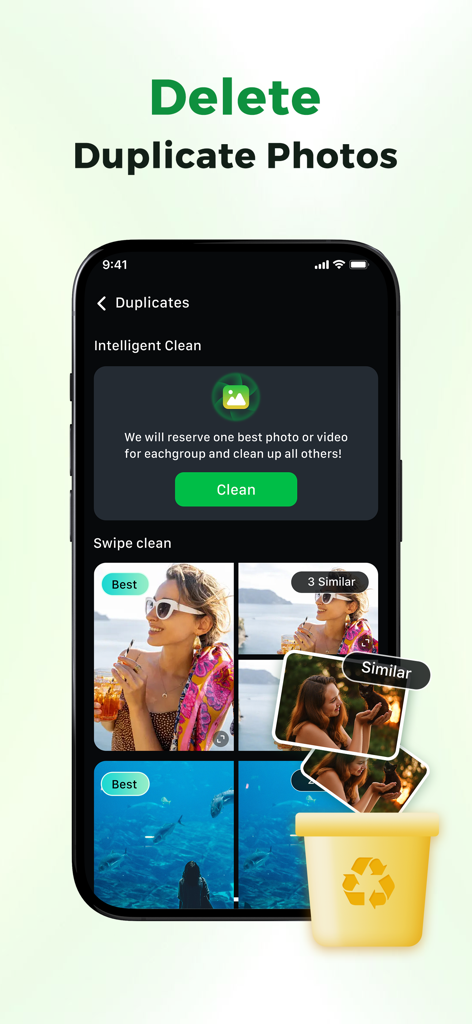 Device Care: Storage & Battery - Interface of the Device Care app showing the intelligent clean feature for identifying and removing duplicate photos