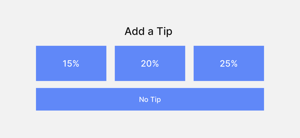 A digital tip screen interface showing tipping options for 15, 20, and 25 percent