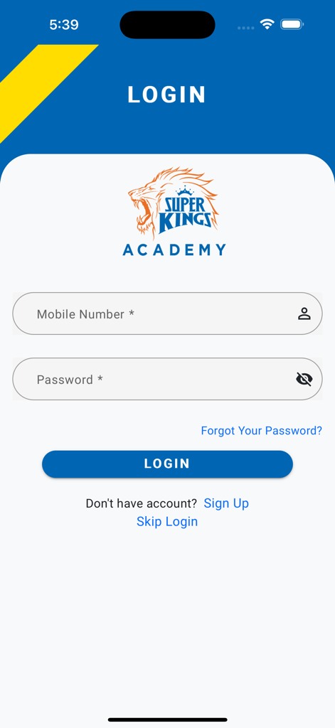 Super Kings Academy - Pantalla de inicio de sesión de la aplicación Super Kings Academy con campos para número de móvil y contraseña.