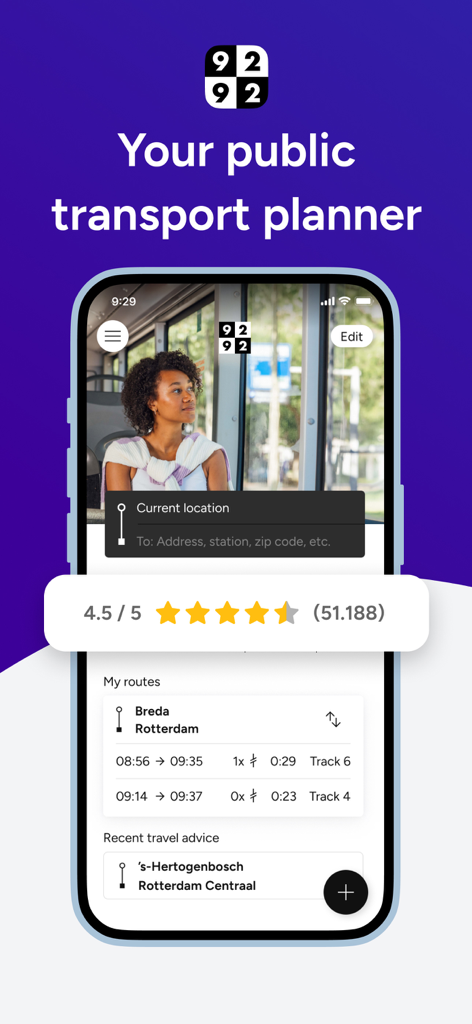 Smartphone displaying the 9292 public transport planner app interface for the Netherlands with a 4.5 star rating