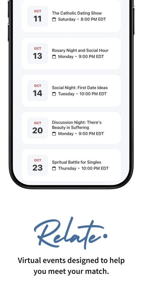 Uma lista de próximos eventos virtuais para solteiros católicos, incluindo noites de rosário e horários sociais
