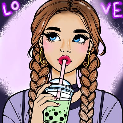 realistic girl with braided hair drinking boba