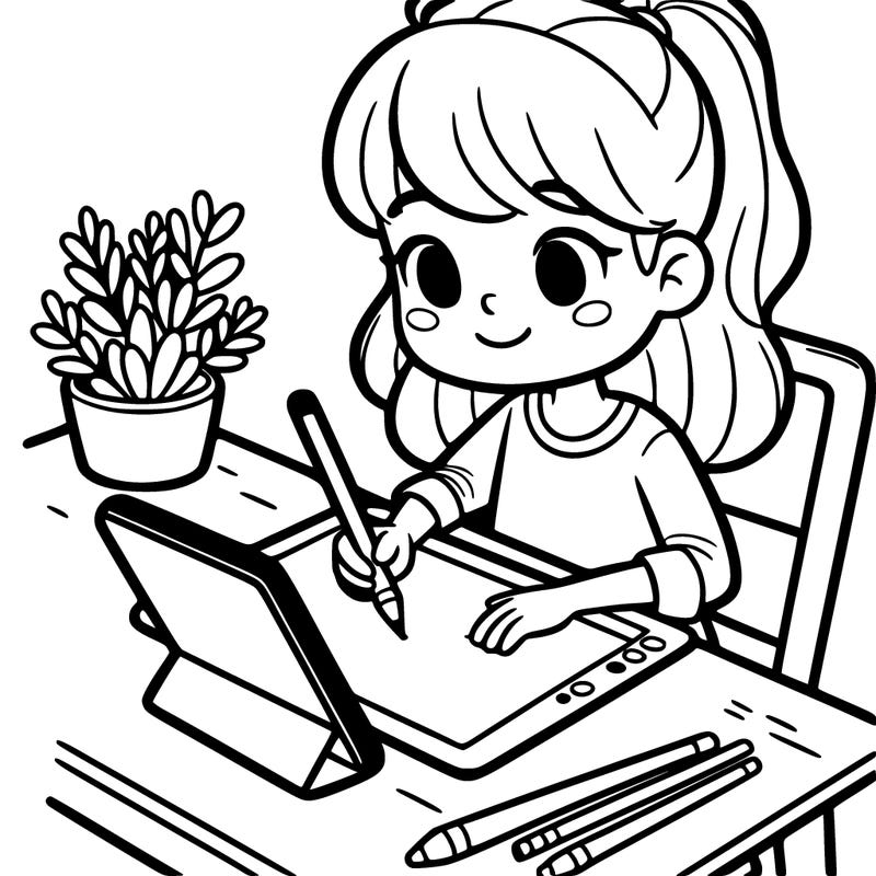 girl at desk on tablet drawing on it