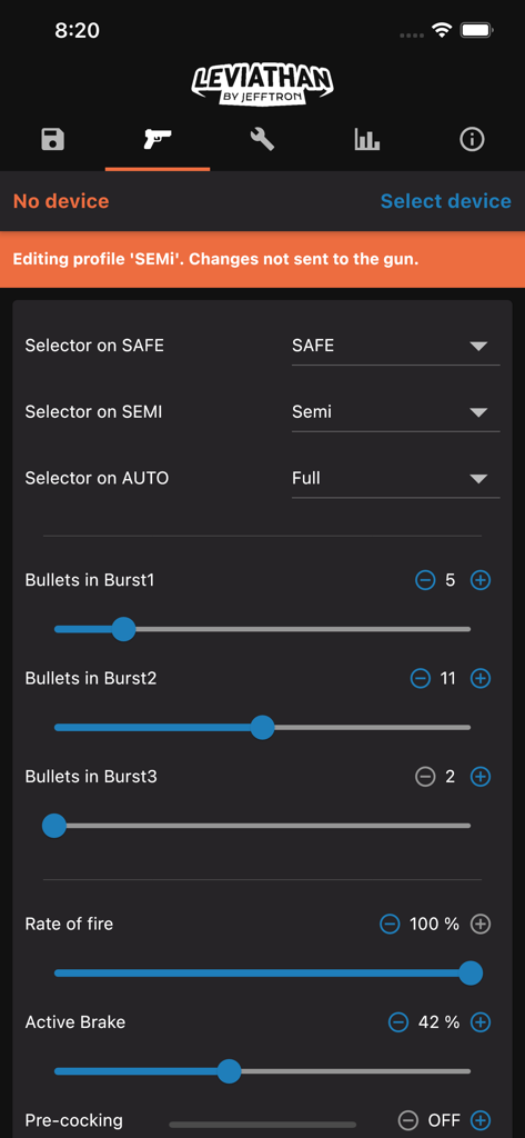 Leviathan app interface for configuring airsoft gun fire modes burst counts and rate of fire