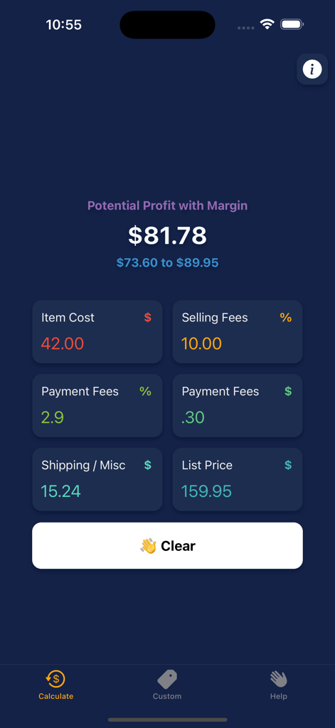 Mobile screen of the With Margin app showing a potential profit calculation for a resold item based on costs and fees