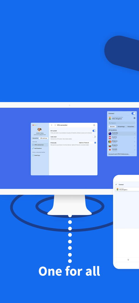 uVPN: Super Fast Secure VPN - Interface de l'application uVPN sur les écrans de bureau et mobiles montrant les paramètres VPN et les emplacements des serveurs.
