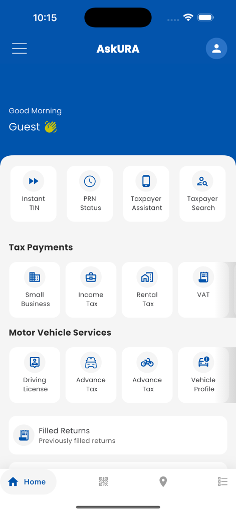 AskUra - AskUra mobile app dashboard showing tax payment and motor vehicle service options