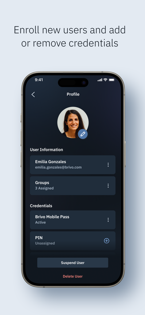 Brivo Access - 사용자 프로필 및 보안 자격 증명을 관리하기 위한 Brivo Access 앱 인터페이스