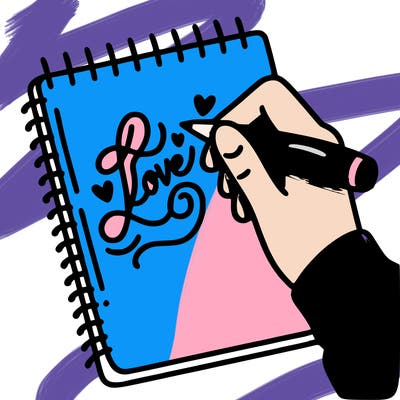 a hand writing “love” in calligraphy on a notebook