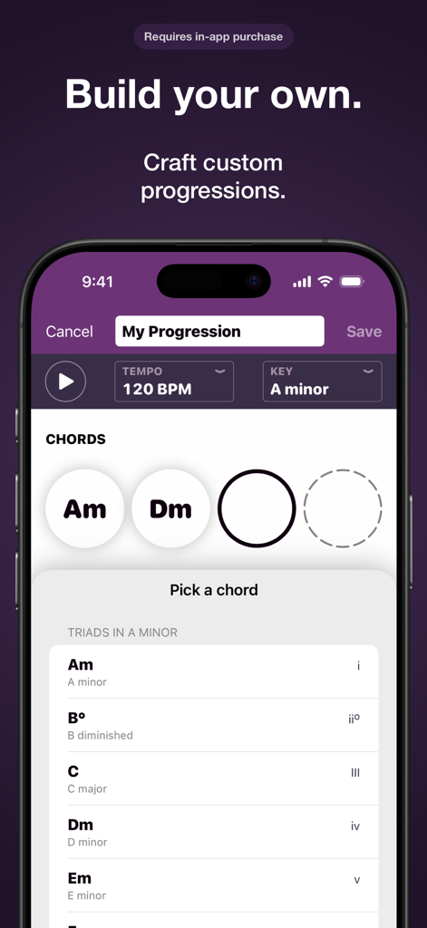 Autochords - Interface of Autochords app showing how to build custom chord progressions with a list of triads in A minor