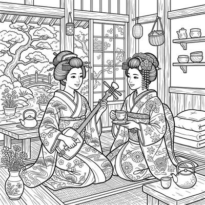 Step into a world of serene beauty with this captivating Geisha & Maiko Cottagecore coloring page. Explore the delicate details of traditional Japanese culture blended with a rustic, cozy aesthetic, perfect for a relaxing creative escape.