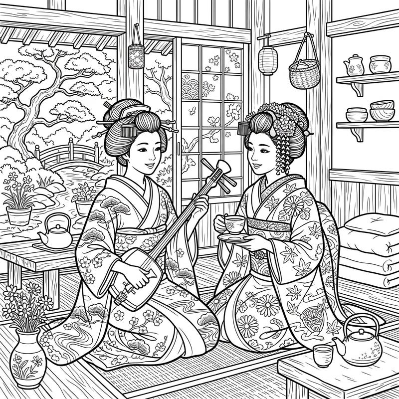 Step into a world of serene beauty with this captivating Geisha & Maiko Cottagecore coloring page. Explore the delicate details of traditional Japanese culture blended with a rustic, cozy aesthetic, perfect for a relaxing creative escape.