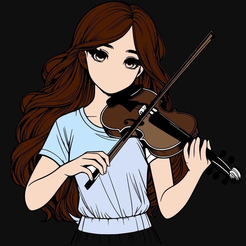 realistic teenage girl wearing a t-shirt, long hair, playing the violin