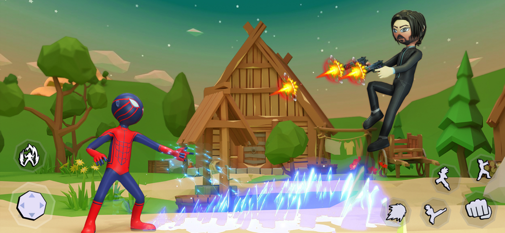 Stick Fight Karate Warriors combat gameplay showing two characters fighting in a stylized low-poly environment with special moves and UI controls