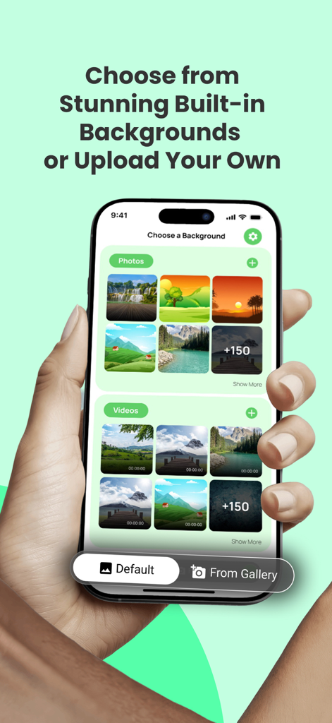Green screen App - Un écran d'iPhone affichant une variété de photos et vidéos d'arrière-plan dans l'application écran vert.