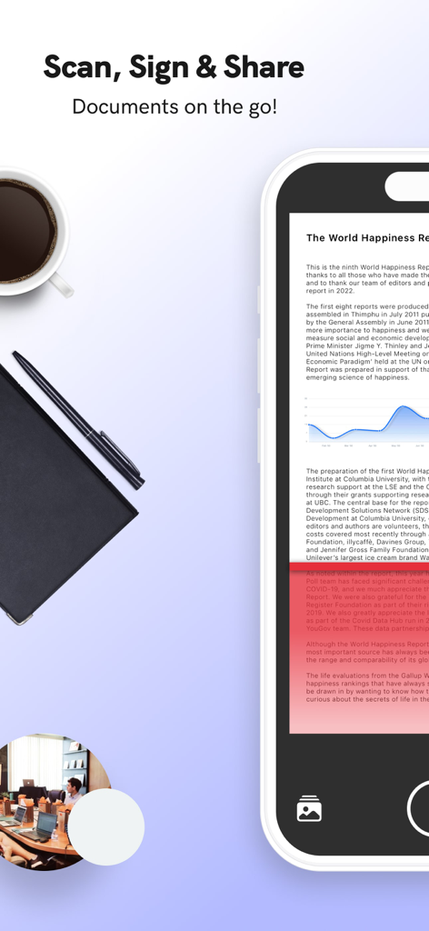 DocSignアプリがスマートフォンに表示され、書類のスキャンと署名が行われている様子、コーヒーカップとペンが添えられている
