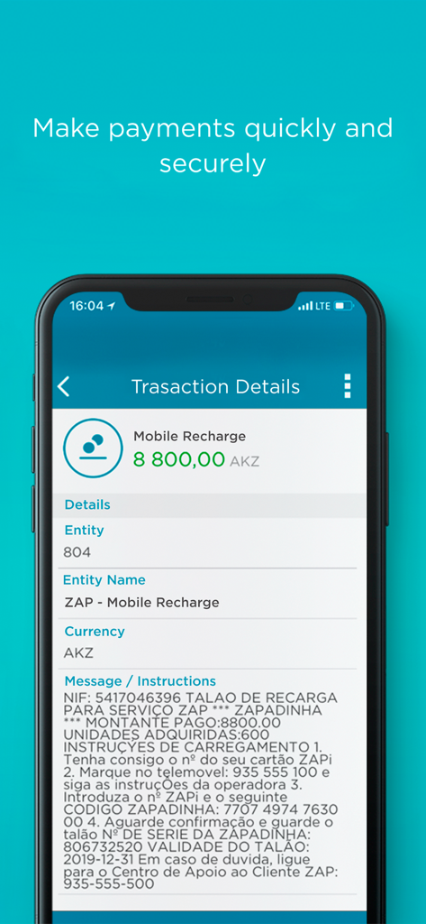 Detalles de transacción de la aplicación ATLANTICO para pago de recarga móvil en Kwanza
