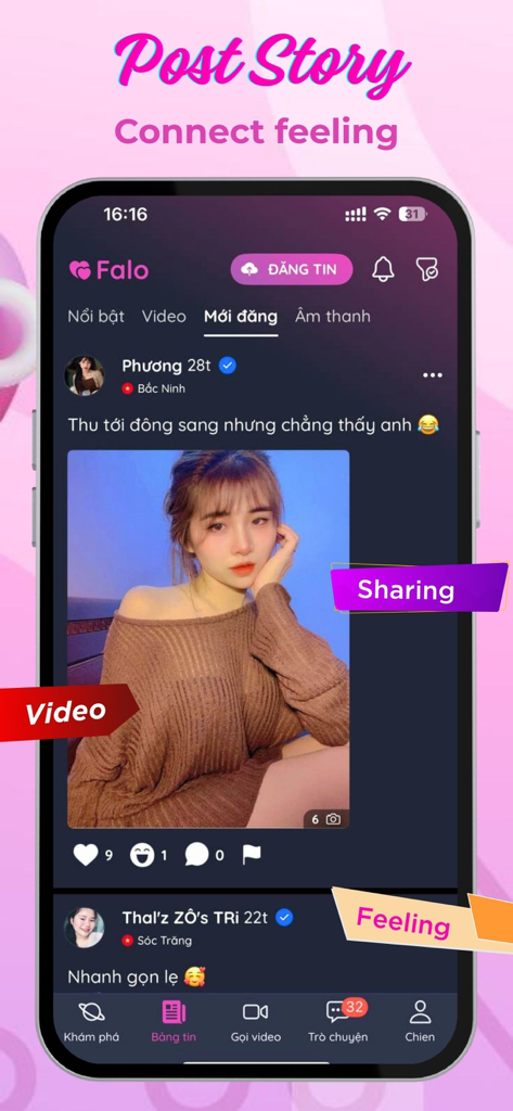 Falo: Dating Video Chat - Falo dating app interface showing a social feed where users can share stories and connect through photos and videos
