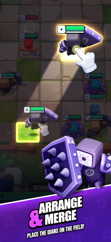 Screenshot di gioco che mostra come disporre e unire personaggi chiamati Dian su un campo di battaglia a griglia