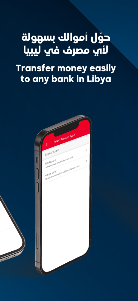 ATIB Online mobile app interface showing the money transfer feature to any bank in Libya.