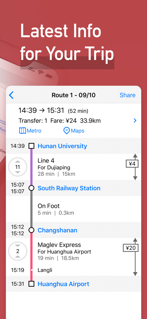 MetroMan Changsha - Captura de pantalla de la aplicación MetroMan Changsha mostrando un plan de ruta detallado con paradas de metro e información del viaje