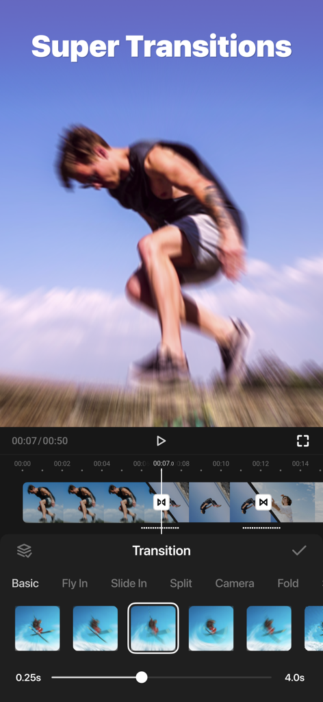 FotoPlay - Video Editor - 모바일 동영상 편집 인터페이스. 흐릿한 점프하는 사람의 액션 샷과 함께 슈퍼 전환 효과 기능을 보여줍니다.