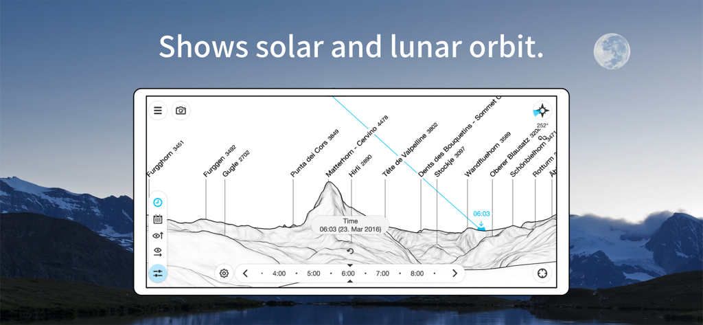 PeakFinder - PeakFinder app interface showing mountain peak names and solar orbit tracking over a 360 degree panorama
