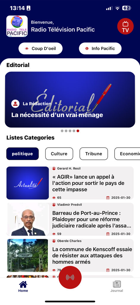 Home screen of the Radio Tele Pacific mobile app showing news articles and categories