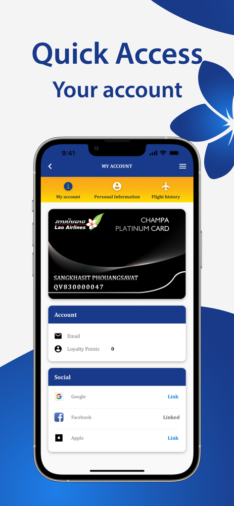 Lao Airlines - 참파 플래티넘 로열티 카드 및 계정 세부 정보가 표시된 라오항공 모바일 앱 계정 화면