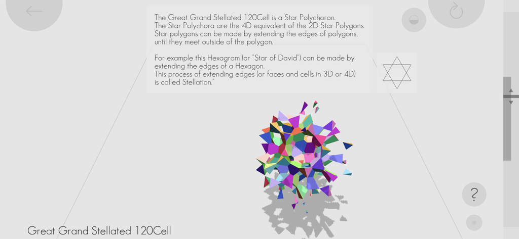 4D Toys - A colorful 4D geometric shape called a Great Grand Stellated 120-Cell with educational text explaining stellation.