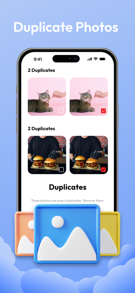 AI Cleanup: Photo Cleaner - A smartphone showing the duplicate photo cleanup screen where identical images are grouped together for quick removal