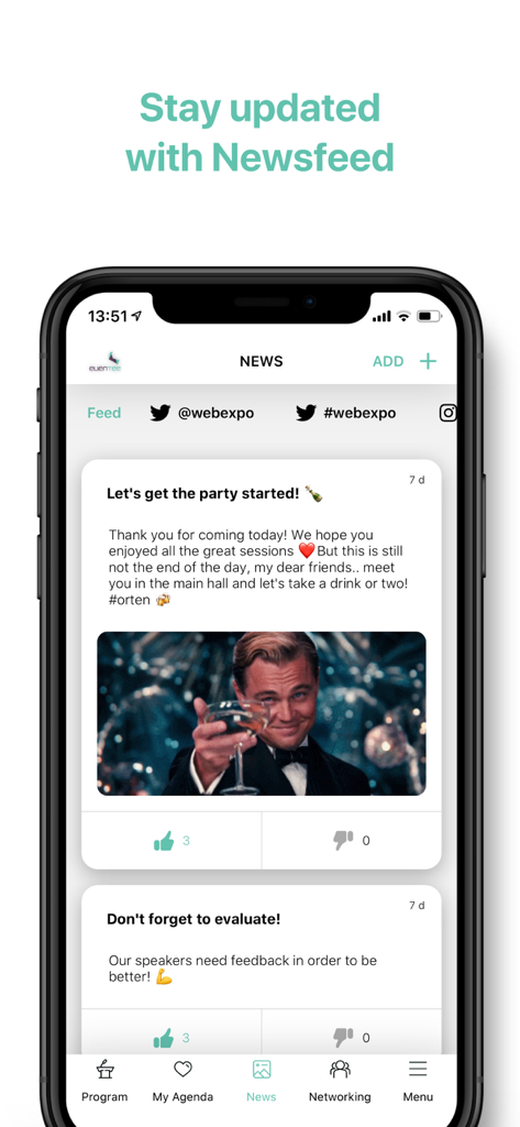 Eventee app interface showing the newsfeed feature with real-time event updates and social posts