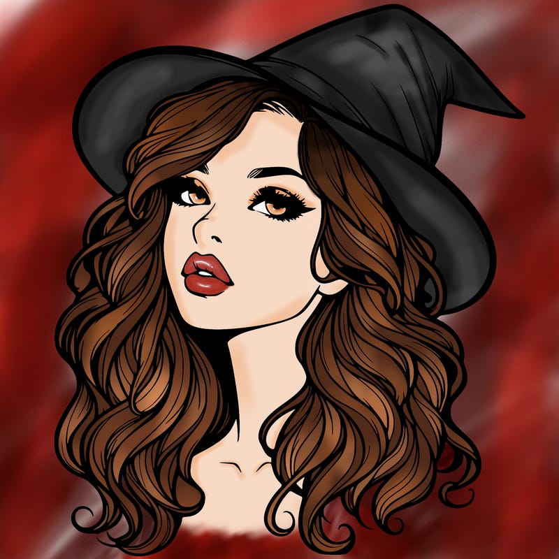 realistic witch girl with wavy hair and lips