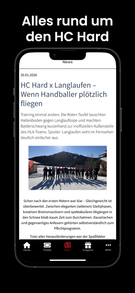 HC Hard App - HC Hard app interface displaying a news article with a team photo.