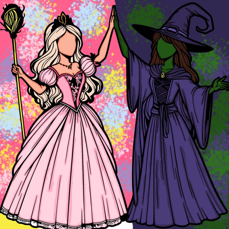 detailed realistic split of a princess and a witch
