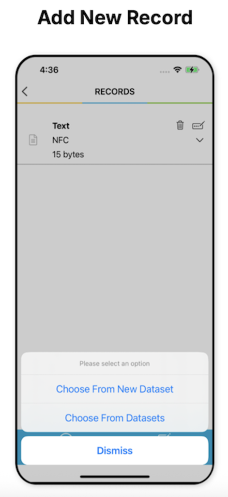 The Add New Record screen in the NFC TagWriter by NXP app showing dataset selection options