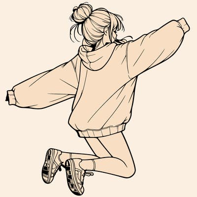 realistic girl jumping with a bun and oversized sweatshirt