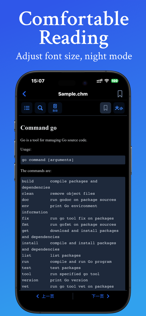 CHM Reader and Viewer interface showing technical documentation in night mode.